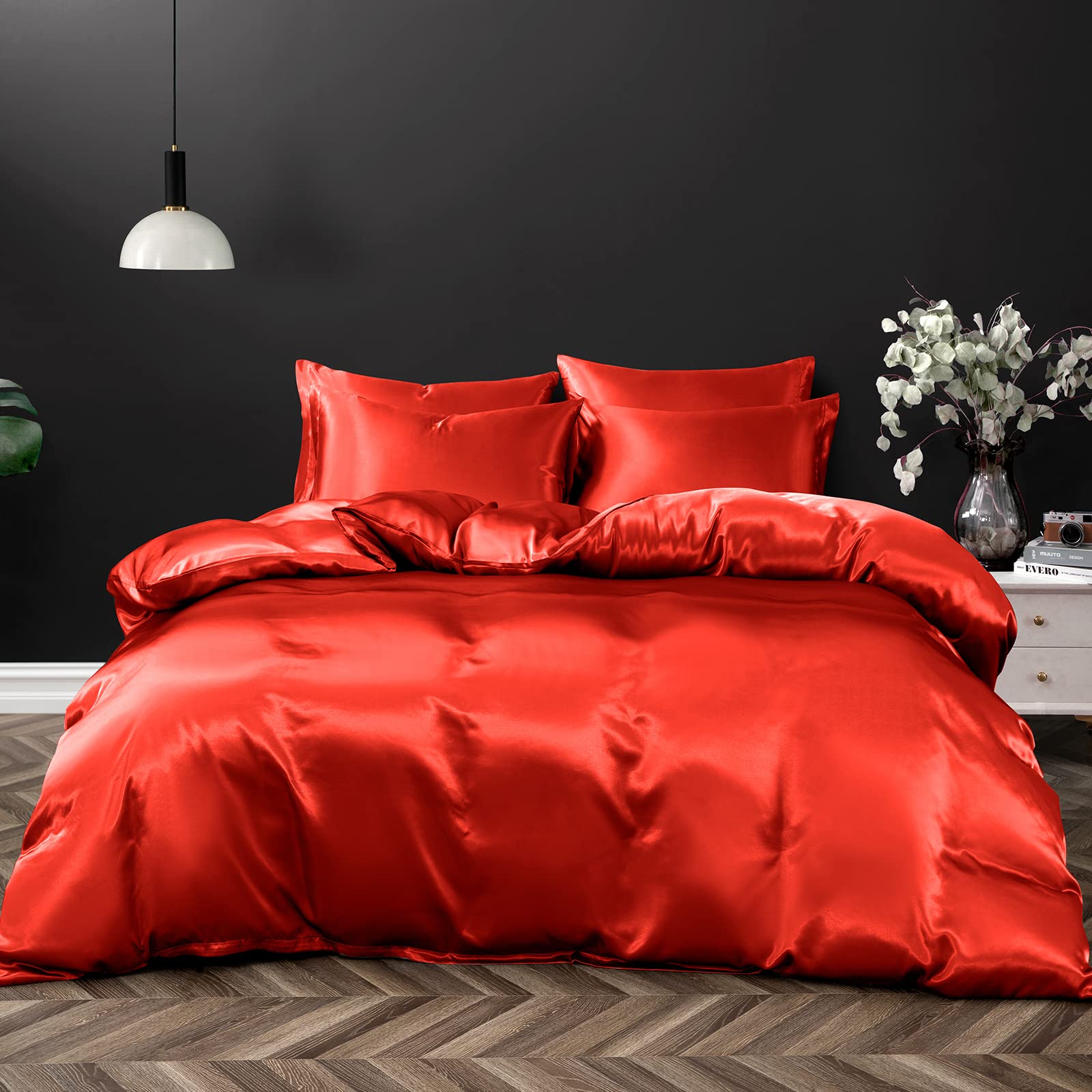 P Pothuiny 5 Pieces Satin Duvet Cover Full/Queen Size Set, Luxury Silky Like Red Duvet Cover Bedding Set With Zipper Closure, 1